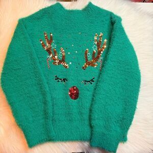 Crown & Ivy Girls Reindeer Fuzzy Sweater Christmas Holiday Size 5 Preowned